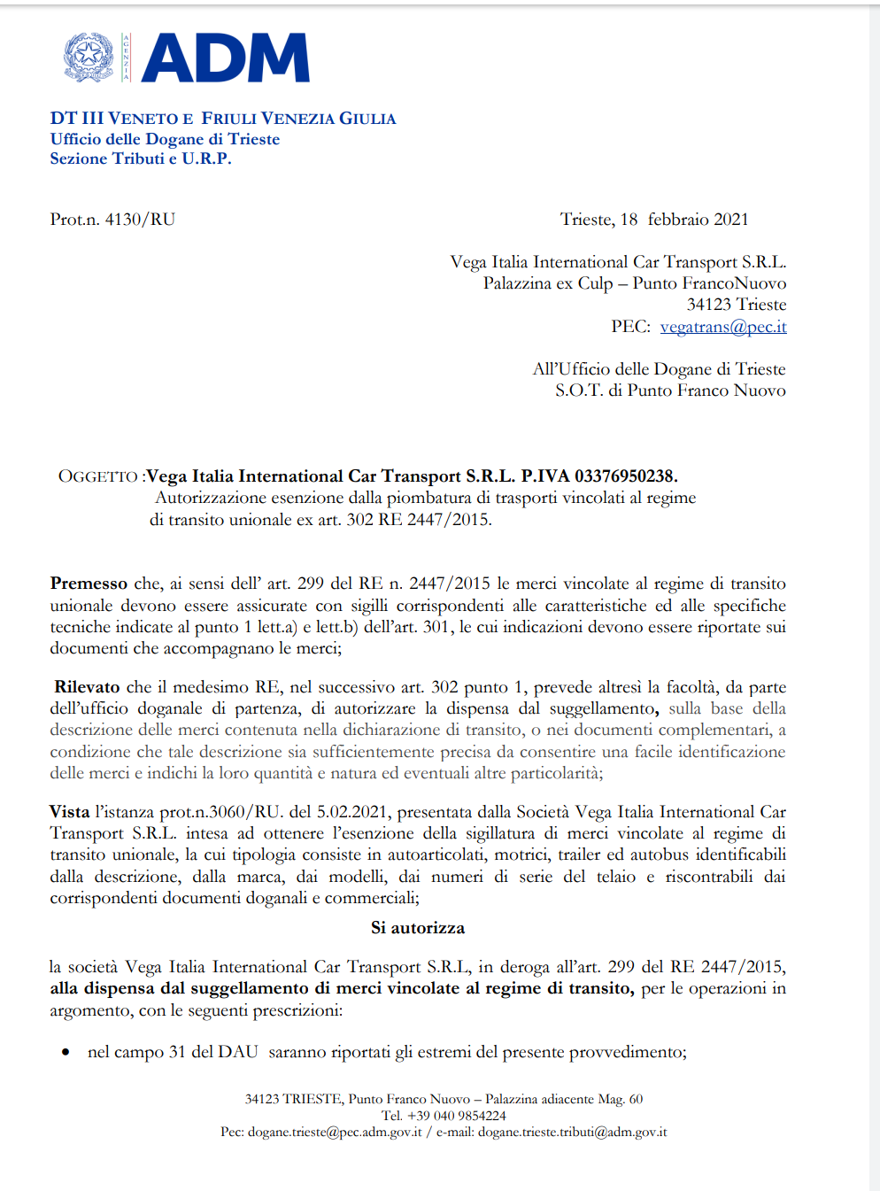 Vega celni dokument Italia č.1